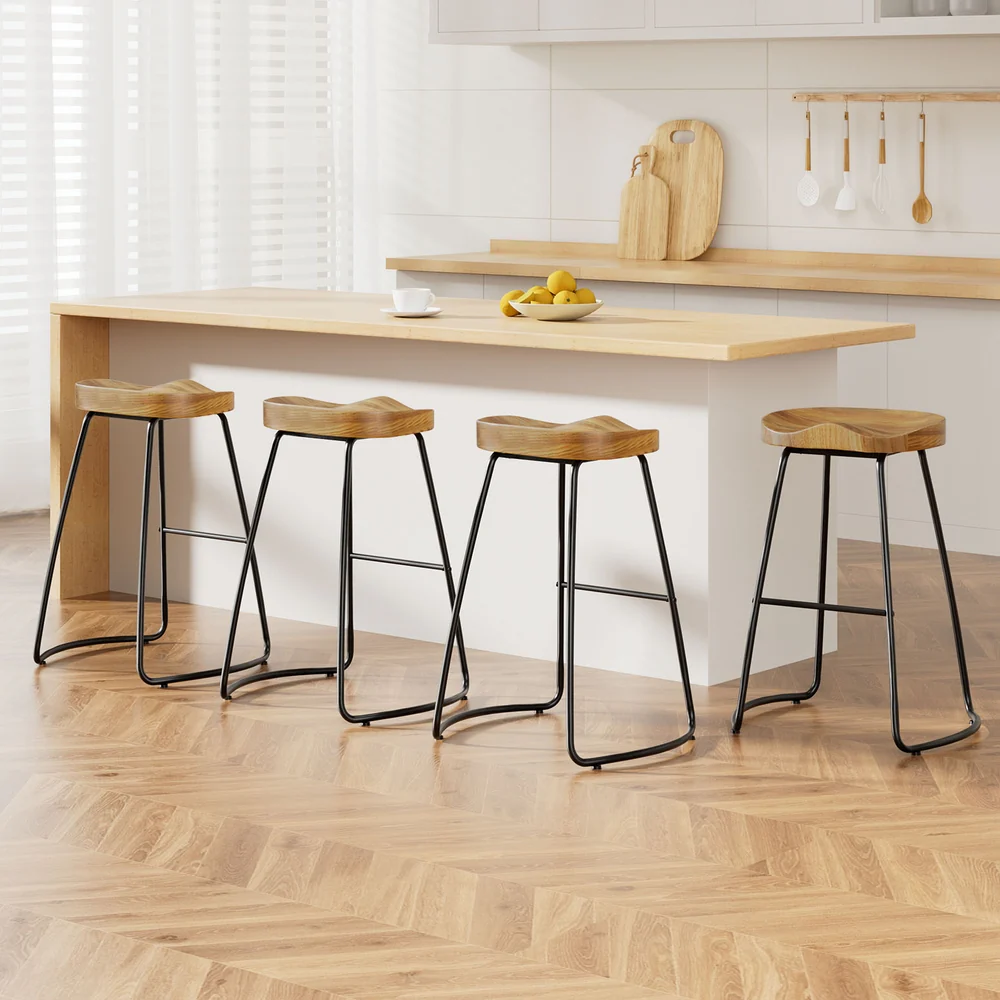 Set of 4 Elm Wood Backless Bar Stools 65cm - Black and Light Natural