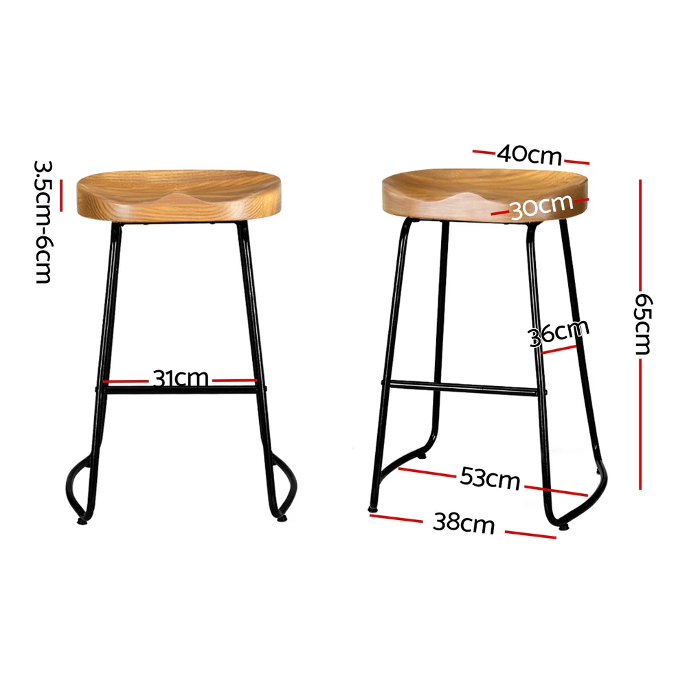 Set of 4 Elm Wood Backless Bar Stools 65cm - Black and Light Natural - Image 2
