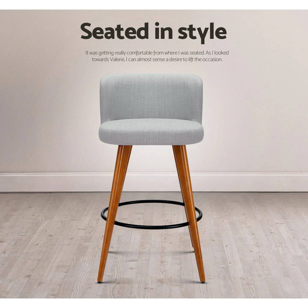 Set of 4 Wooden Fabric Bar Stools Circular Footrest - Light Grey - Image 6