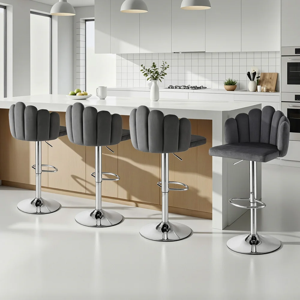 Bar Stool X4 Kitchen Dining Counter Gaslift Chair Adjustable Velvet Grey - Image 7