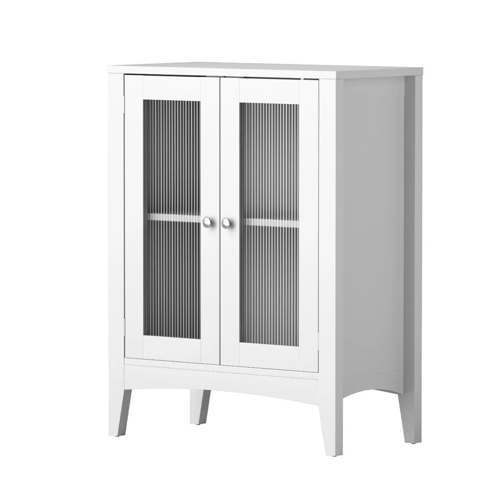 Bathroom Storage Cabinet 80cm Buffet Sideboard Floor Cupboard Toilet Glass White - Image 2