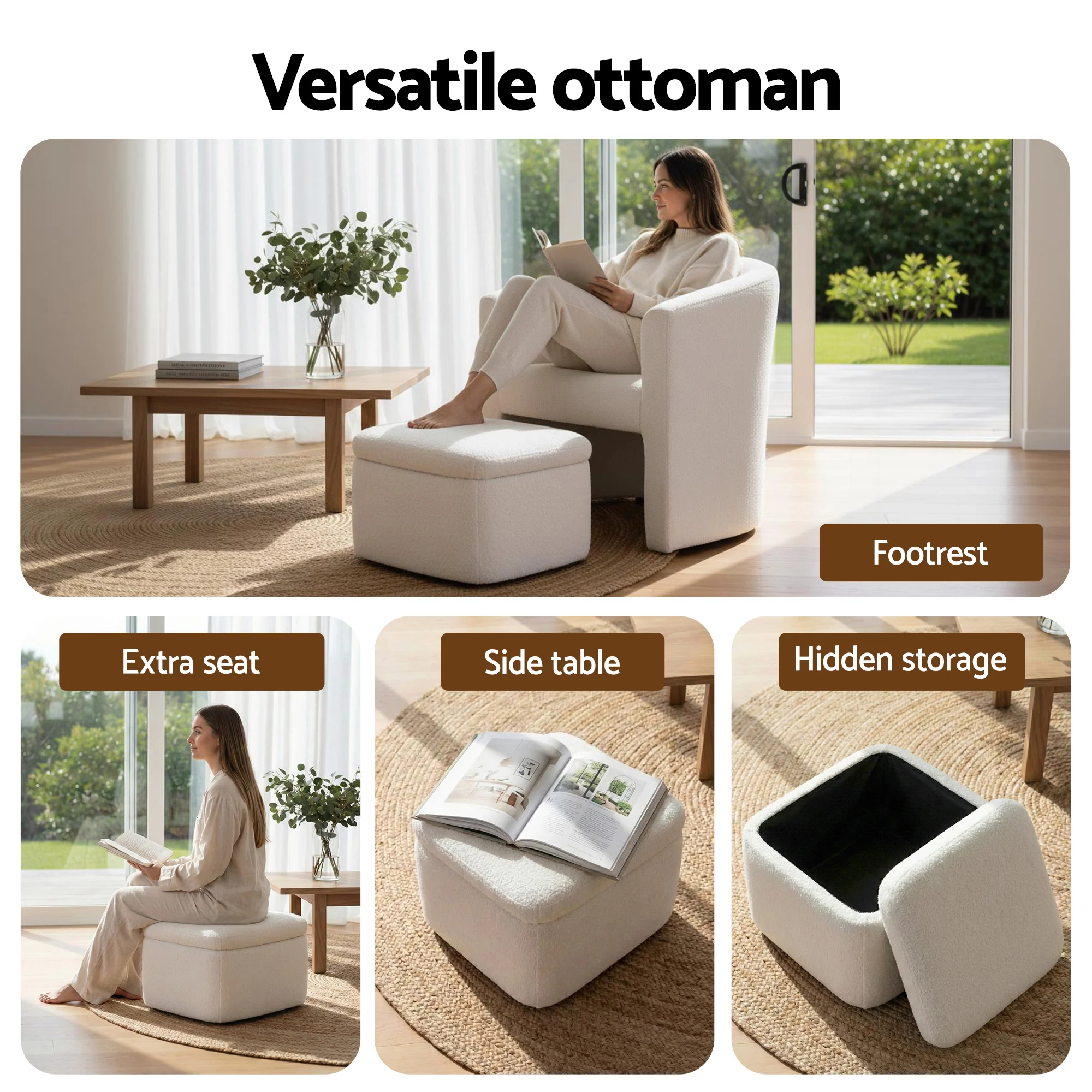 Boucle Armchair Accent Chair with Storage Ottoman Lounge Footrest - White - Image 5