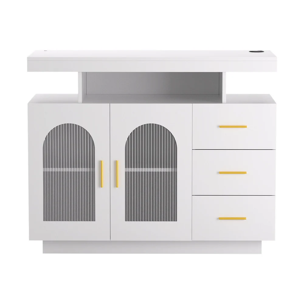 Buffet Sideboard Cabinet LED Clear Door Kitchen Storage Drawers White - Image 4