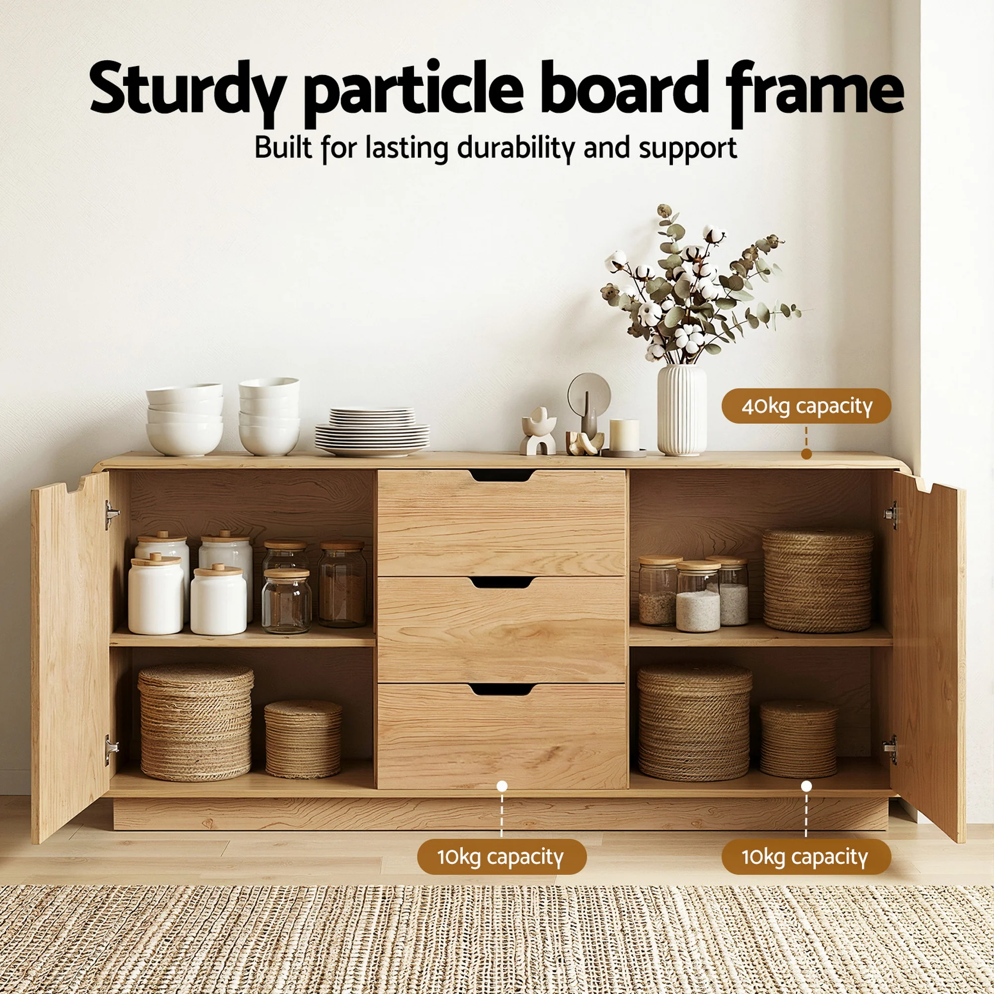 Buffet Sideboard Cabinet with Drawers and Round Edges - Oak - Image 5