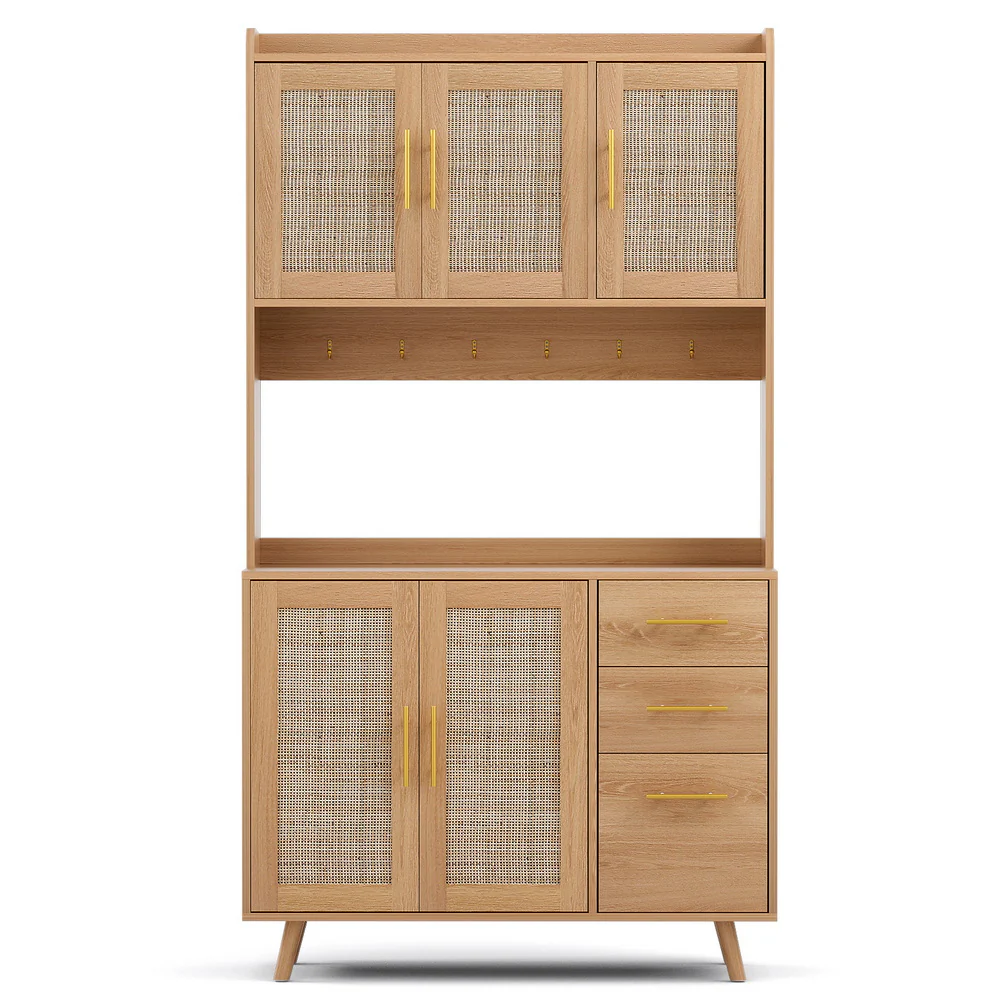 Buffet Sideboard Hutch Storage Cabinet Kitchen Cupboard Hooks Rattan Pine - Image 4