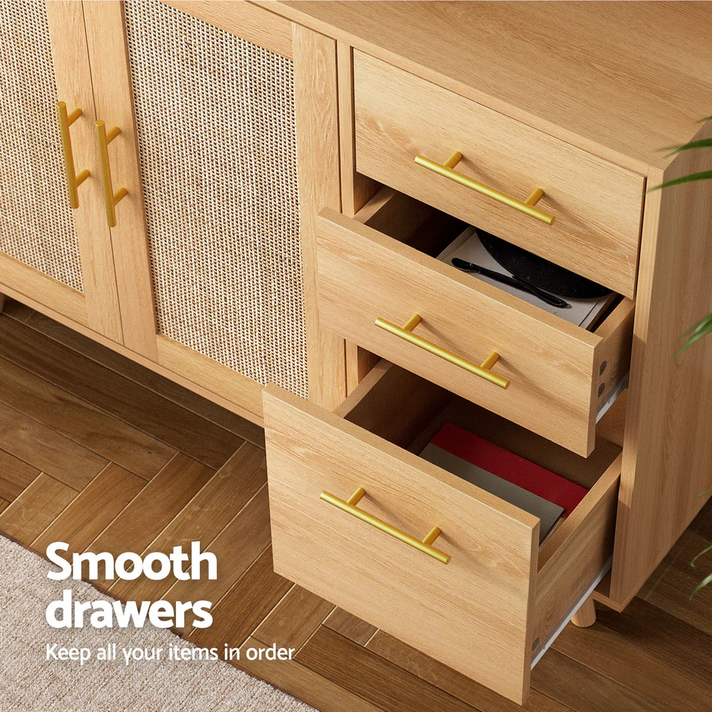 Buffet Sideboard Hutch Storage Cabinet Kitchen Cupboard Hooks Rattan Pine - Image 7