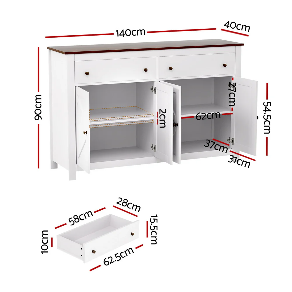 Buffet Sideboard Storage Cabinet Kitchen Cupboard 2 Drawers 140CM White - Image 3