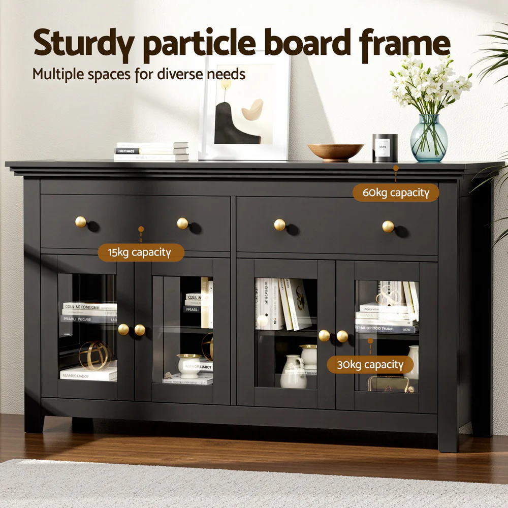 Buffet Sideboard Storage Cabinet Kitchen Cupboard Clear Door Drawer Black - Image 5