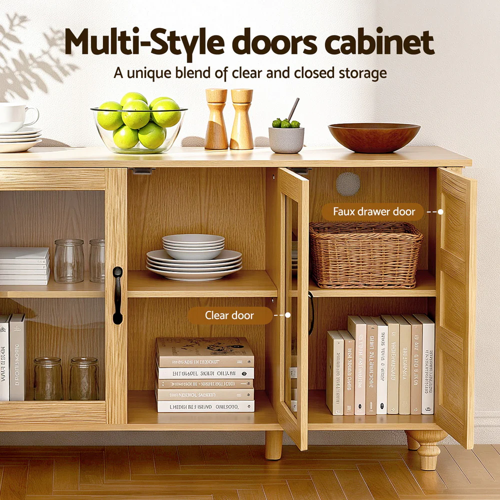 Buffet Sideboard Storage Cabinet Kitchen Cupboard Faux Drawer 150CM Pine - Image 6