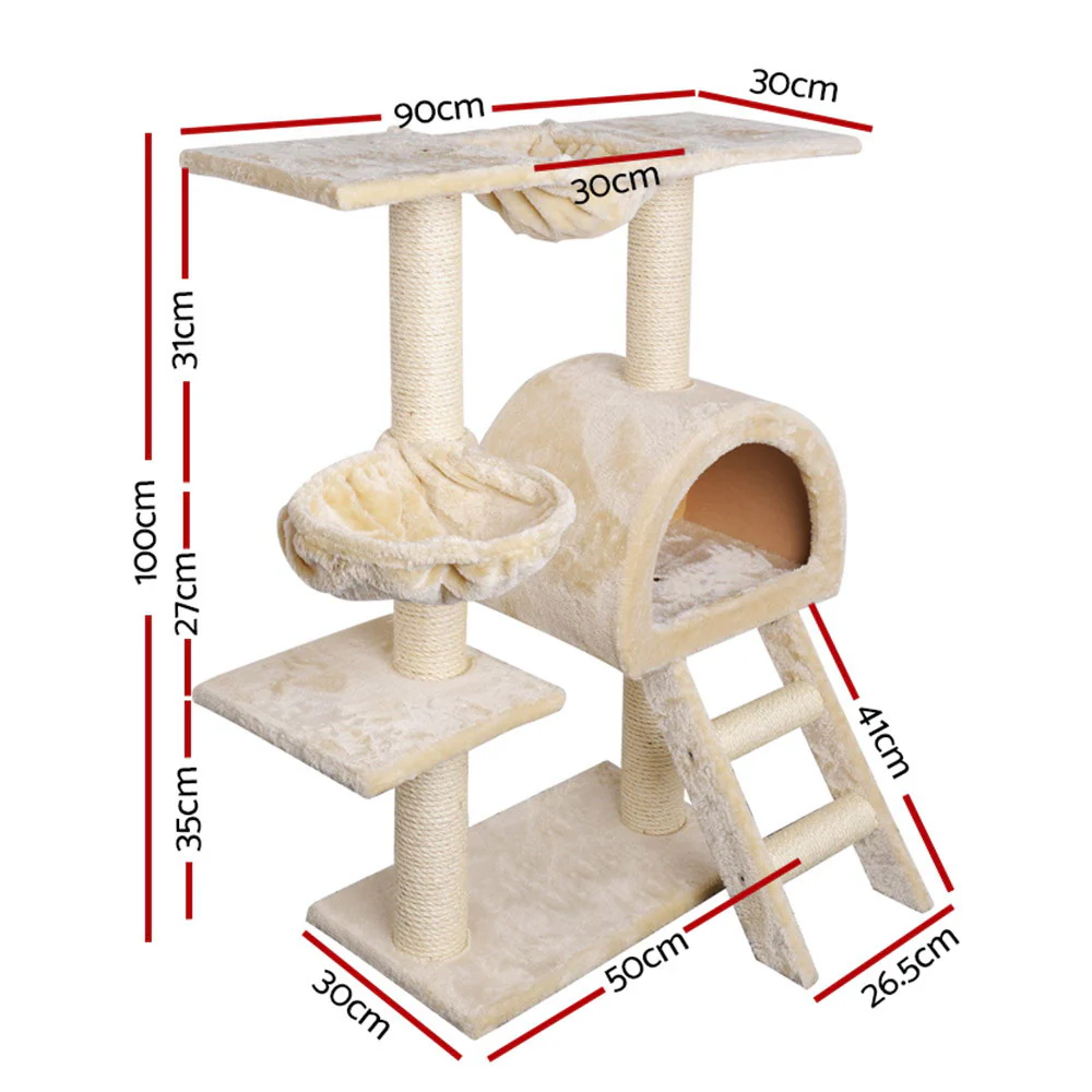 Cat Tree 100cm Tower Scratching Post Scratcher Condo House Trees Bed Beige - Image 2