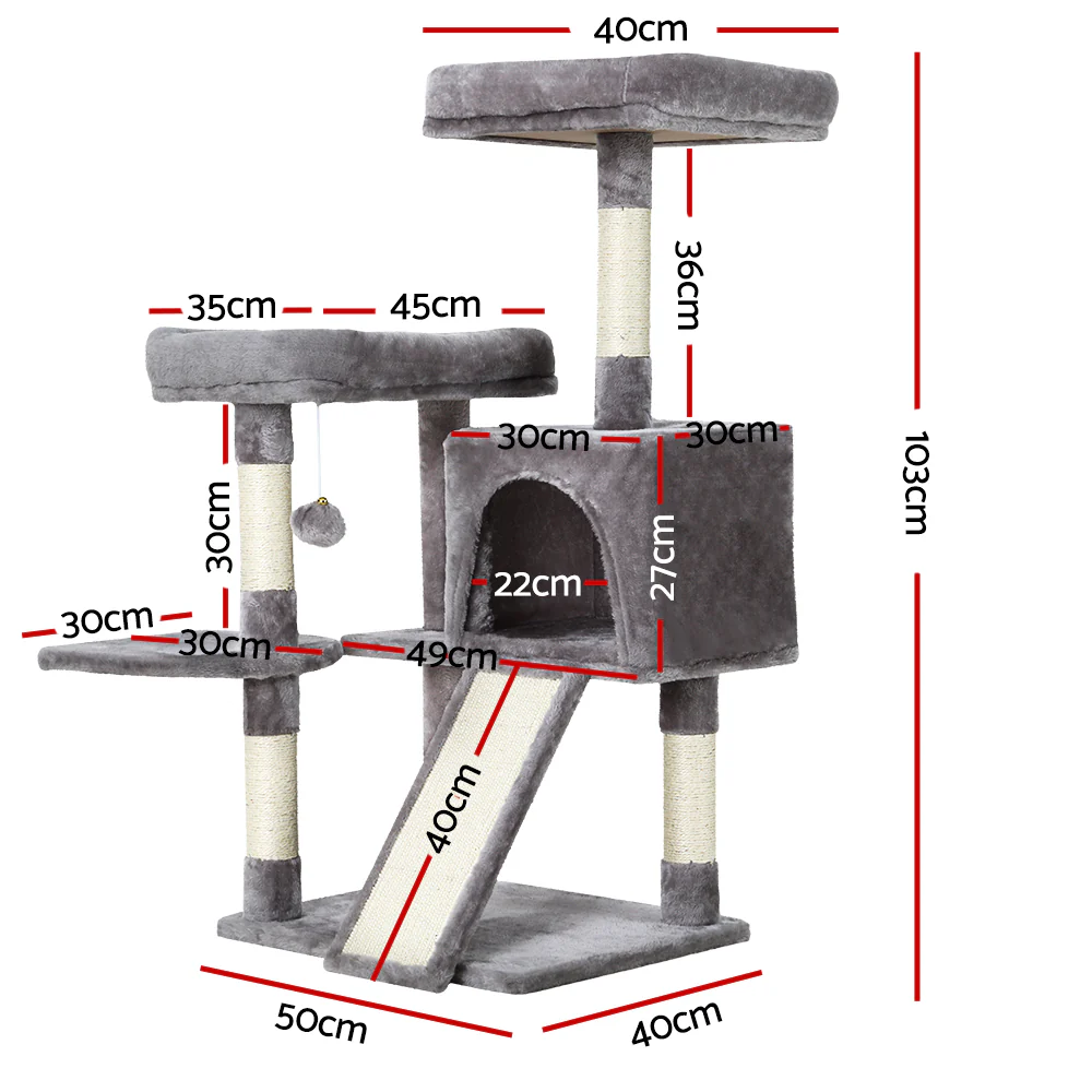 Cat Tree 103cm Tower Scratching Post Scratcher Wood Condo House Trees Grey - Image 2
