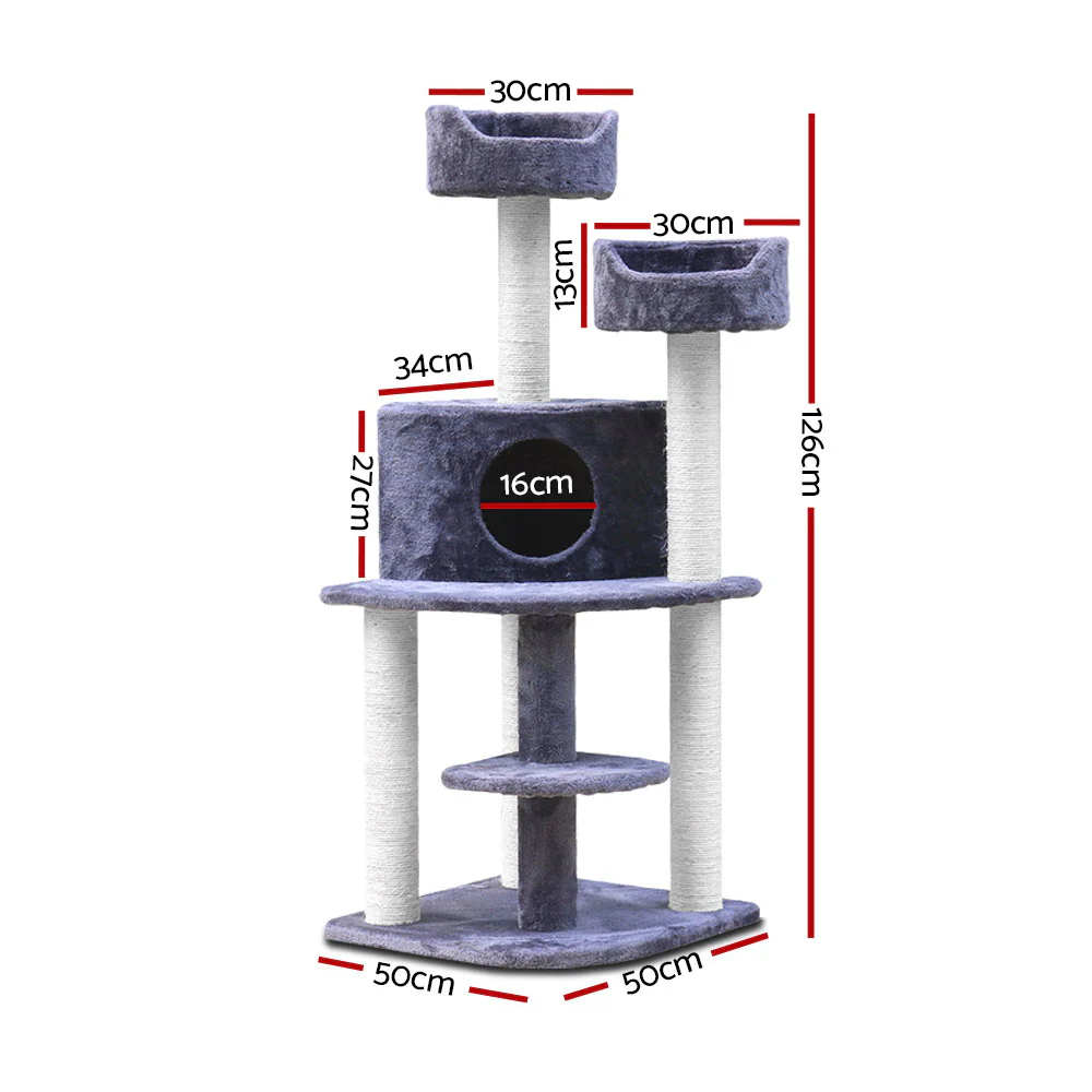Cat Tree 126cm Tower Scratching Post Scratcher Condo Trees House Grey - Image 2