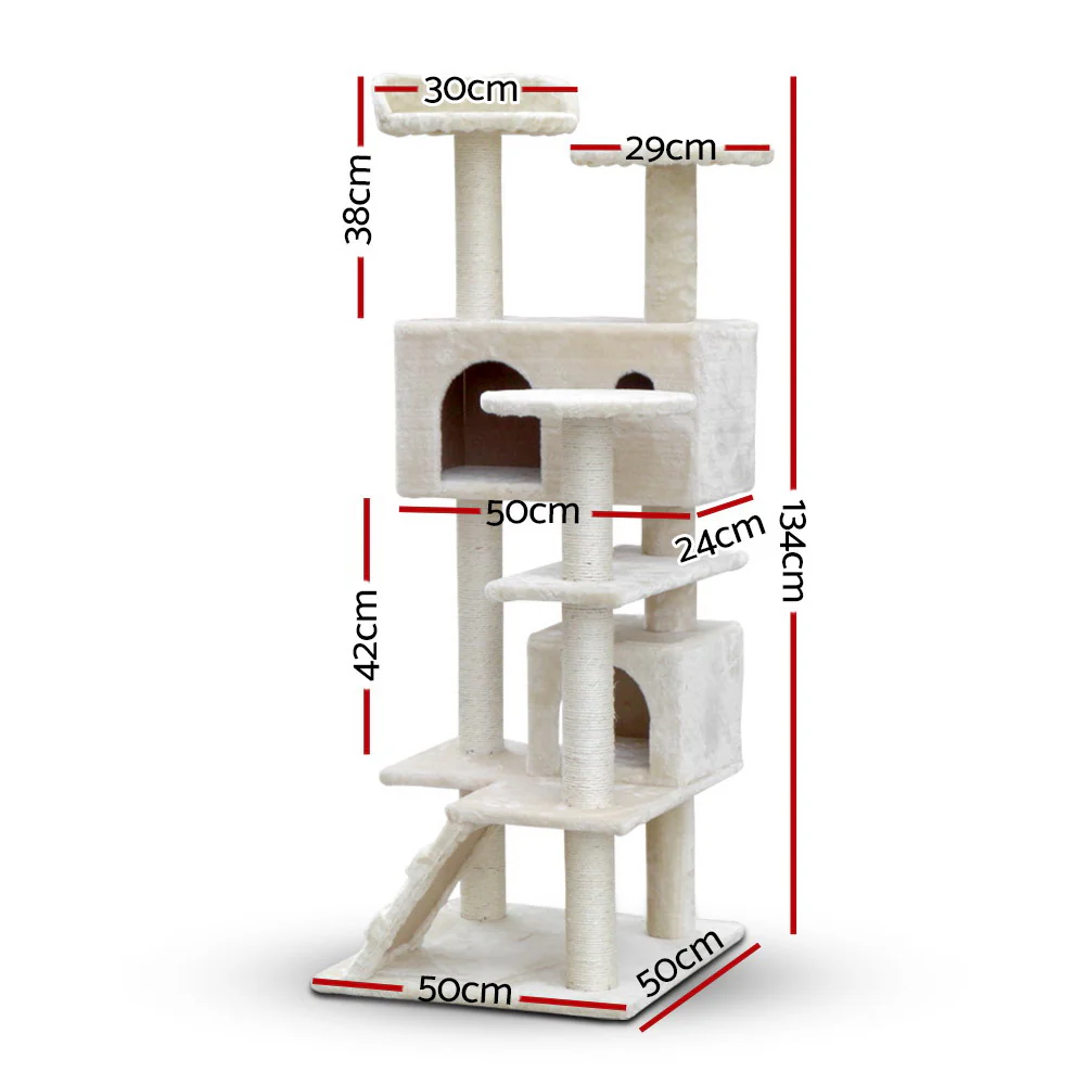 Cat Tree 134cm Tower Scratching Post Scratcher Wood Condo House Bed Beige - Image 2