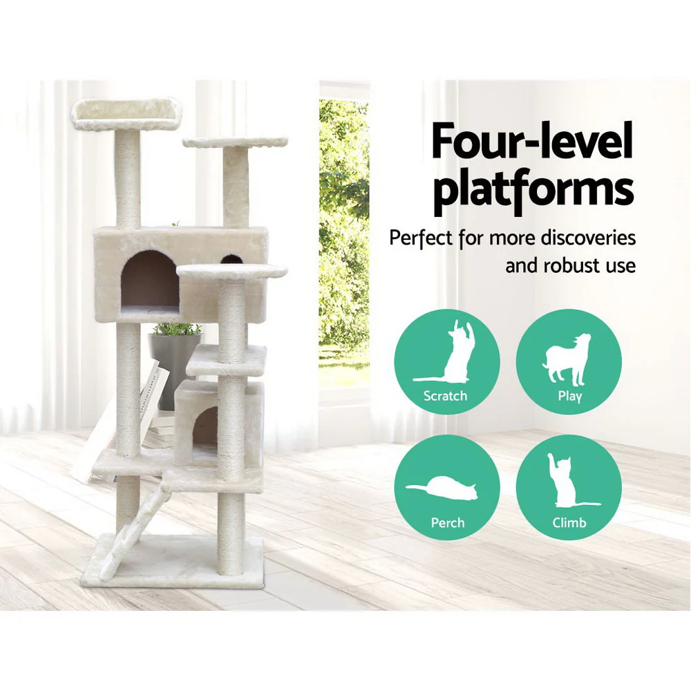 Cat Tree 134cm Tower Scratching Post Scratcher Wood Condo House Bed Beige - Image 3