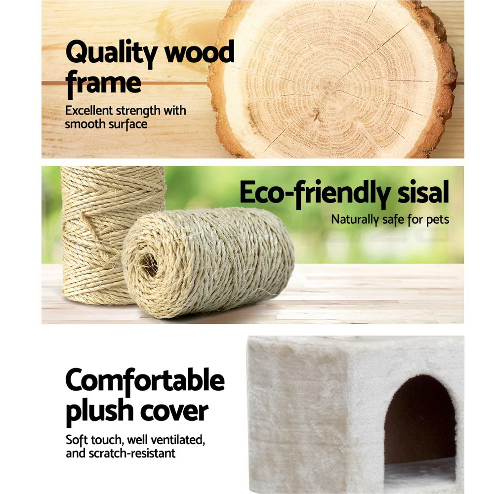 Cat Tree 134cm Tower Scratching Post Scratcher Wood Condo House Bed Beige - Image 4