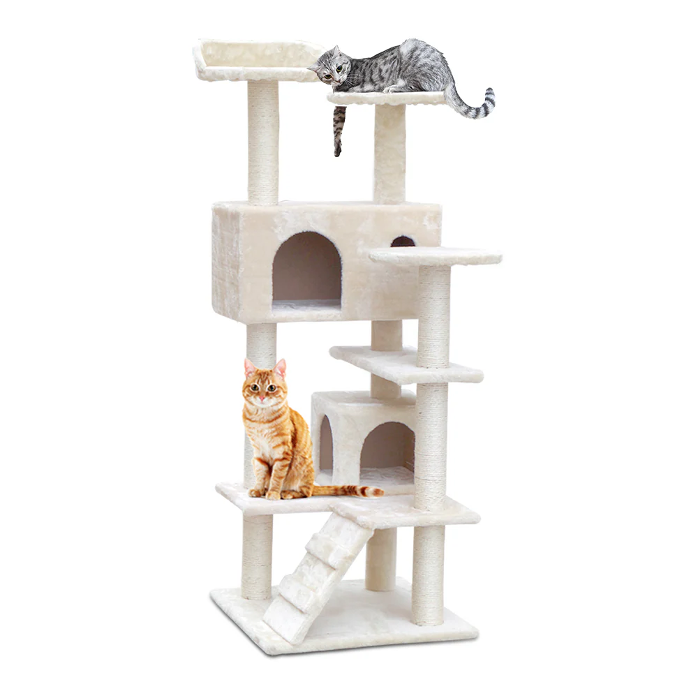 Cat Tree 134cm Tower Scratching Post Scratcher Wood Condo House Bed Beige - Image 8