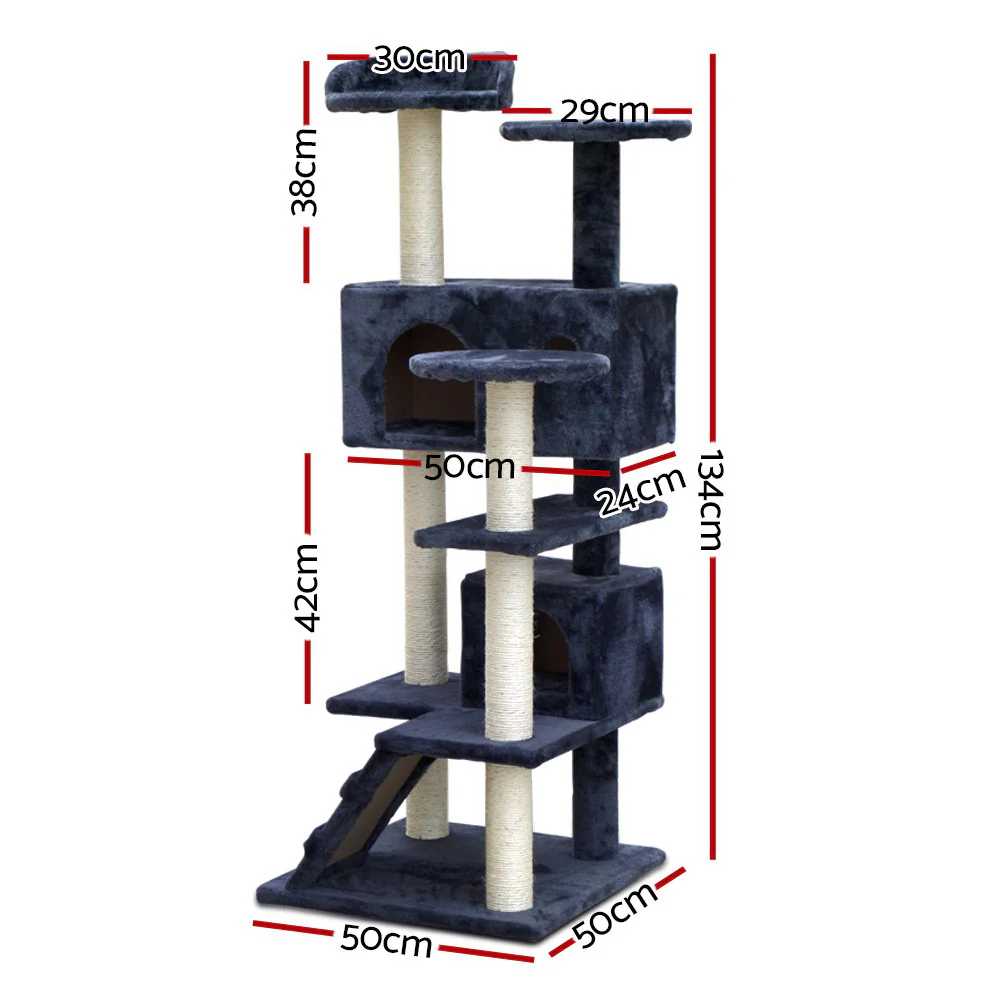 Cat Tree 134cm Tower Scratching Post Scratcher Wood Condo House Bed Grey - Image 2