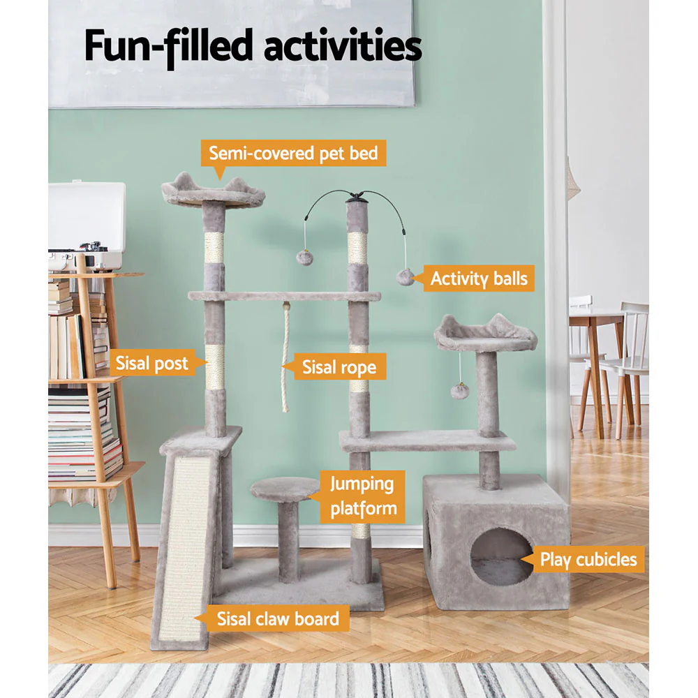Cat Tree 135cm Tower Scratching Post Scratcher Wood Condo House Toys Grey - Image 4