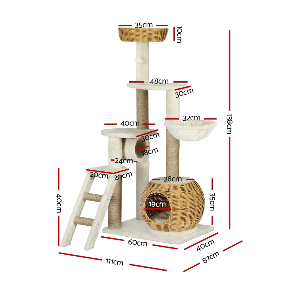 Cat Tree 138cm Tower Scratching Post Scratcher Wood Bed Condo House Rattan Ladder - Image 2