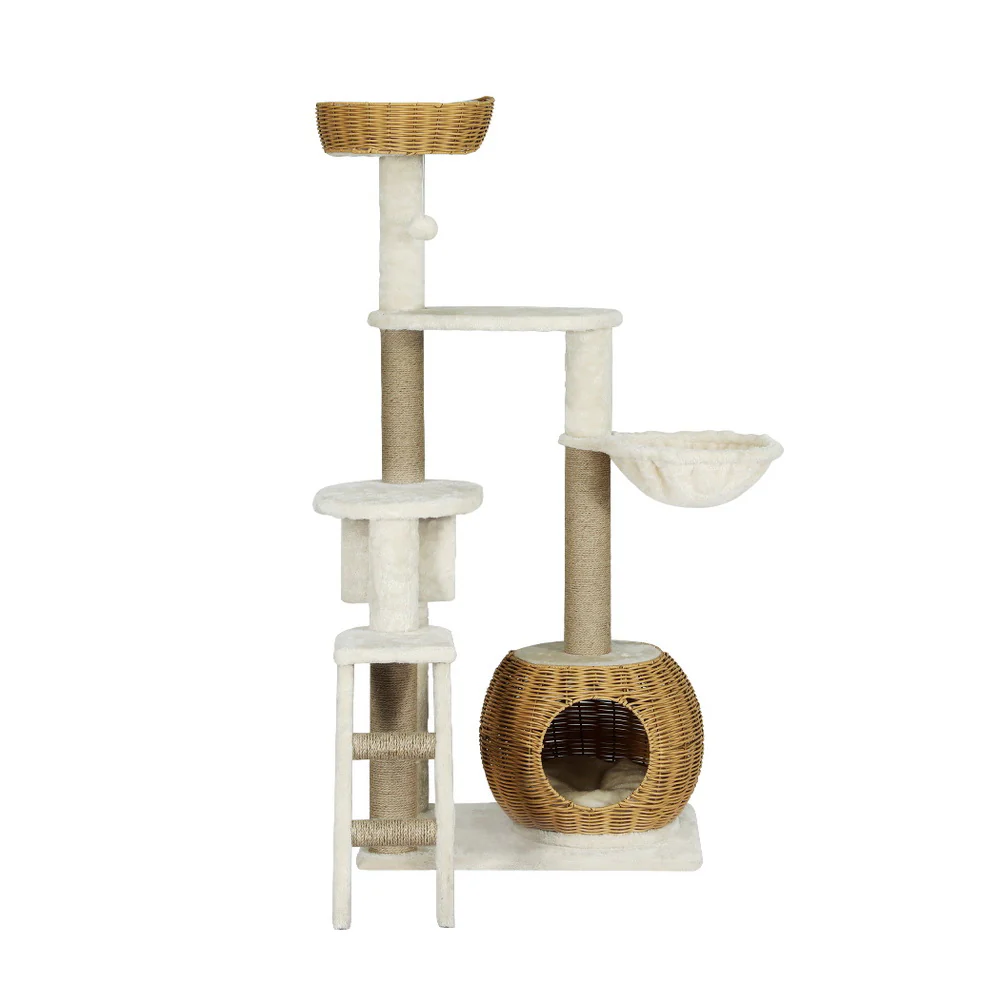 Cat Tree 138cm Tower Scratching Post Scratcher Wood Bed Condo House Rattan Ladder - Image 3