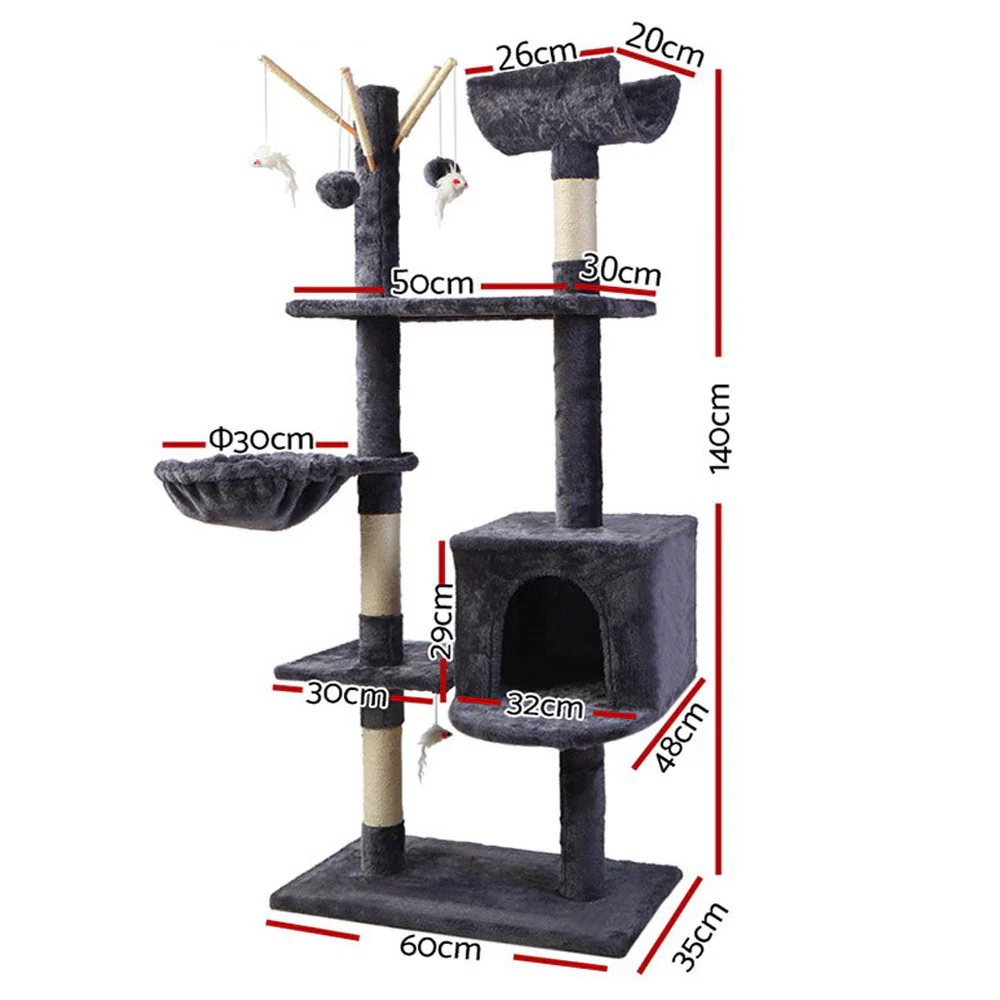 Cat Tree 140cm Tower Scratching Post Scratcher Trees Toys Condo Bed Grey - Image 2