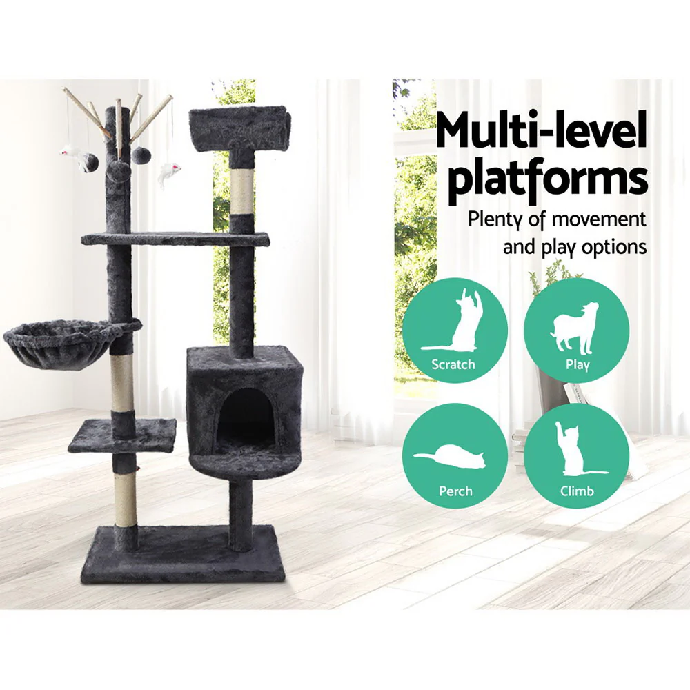 Cat Tree 140cm Tower Scratching Post Scratcher Trees Toys Condo Bed Grey - Image 3