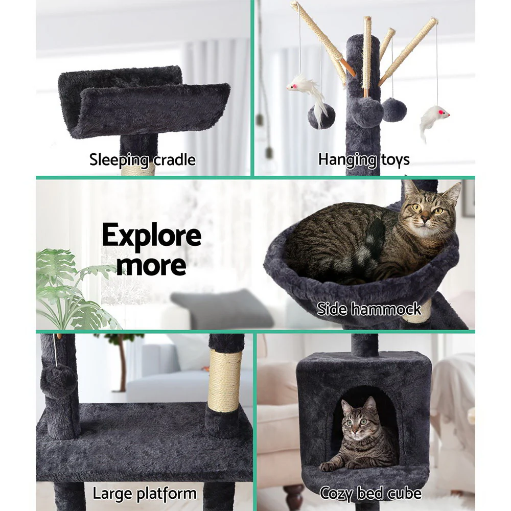 Cat Tree 140cm Tower Scratching Post Scratcher Trees Toys Condo Bed Grey - Image 5