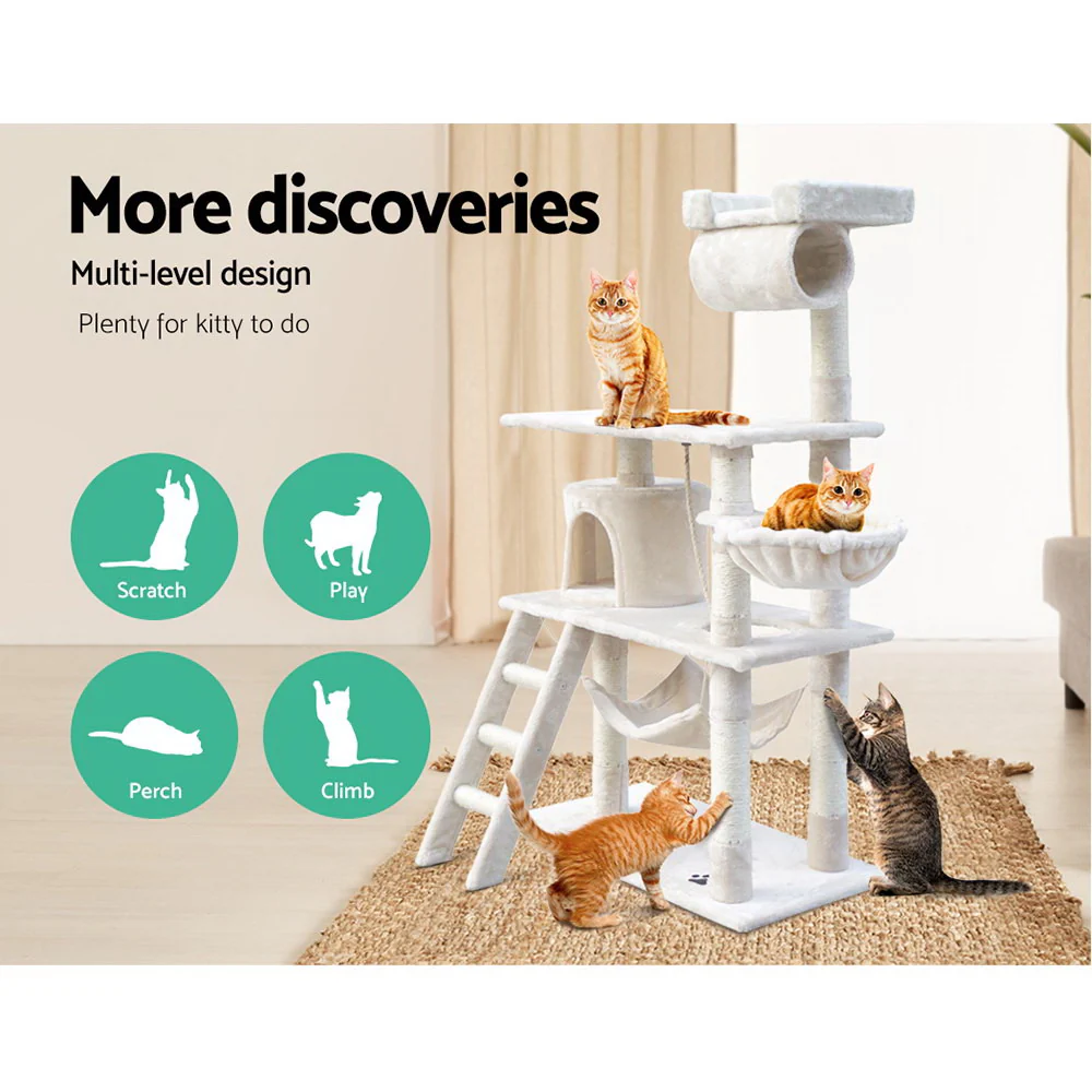 Cat Tree 141cm Tower Scratching Post Scratcher Condo Wood House Bed Beige - Image 3