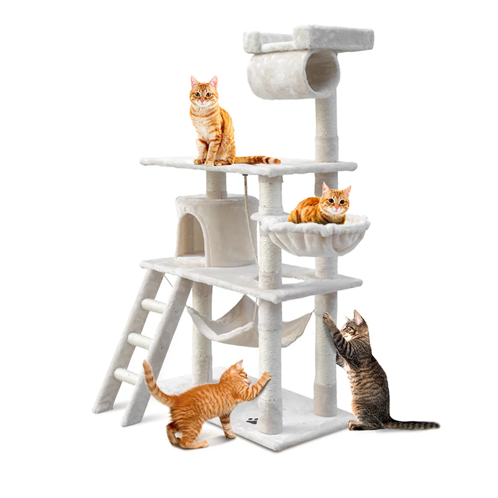 Cat Tree 141cm Tower Scratching Post Scratcher Condo Wood House Bed Beige - Image 8