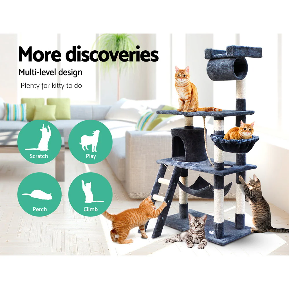 Cat Tree 141cm Tower Scratching Post Scratcher Condo Wood House Bed Grey - Image 3