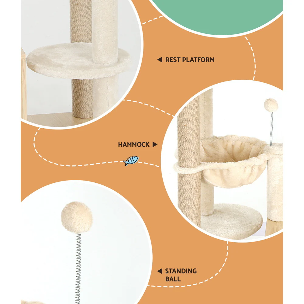 Cat Tree 141cm Tower Scratching Post Scratcher Wood Bed Condo Toys House Ladder - Image 5