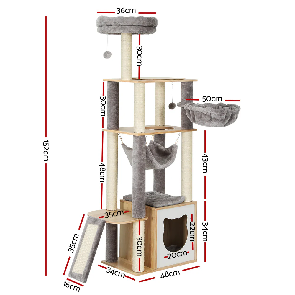 Cat Tree 152cm Tower Scratching Post Scratcher Wood Bed Condo Toys House Ladder - Image 2