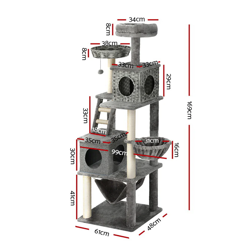 Cat Tree 169cm Tower Scratching Post Scratcher Wood Bed Condo House Rattan Ladder - Image 2