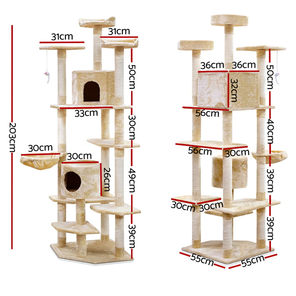 Cat Tree 203cm Tower Scratching Post Scratcher Condo Trees House Bed Beige - Image 2