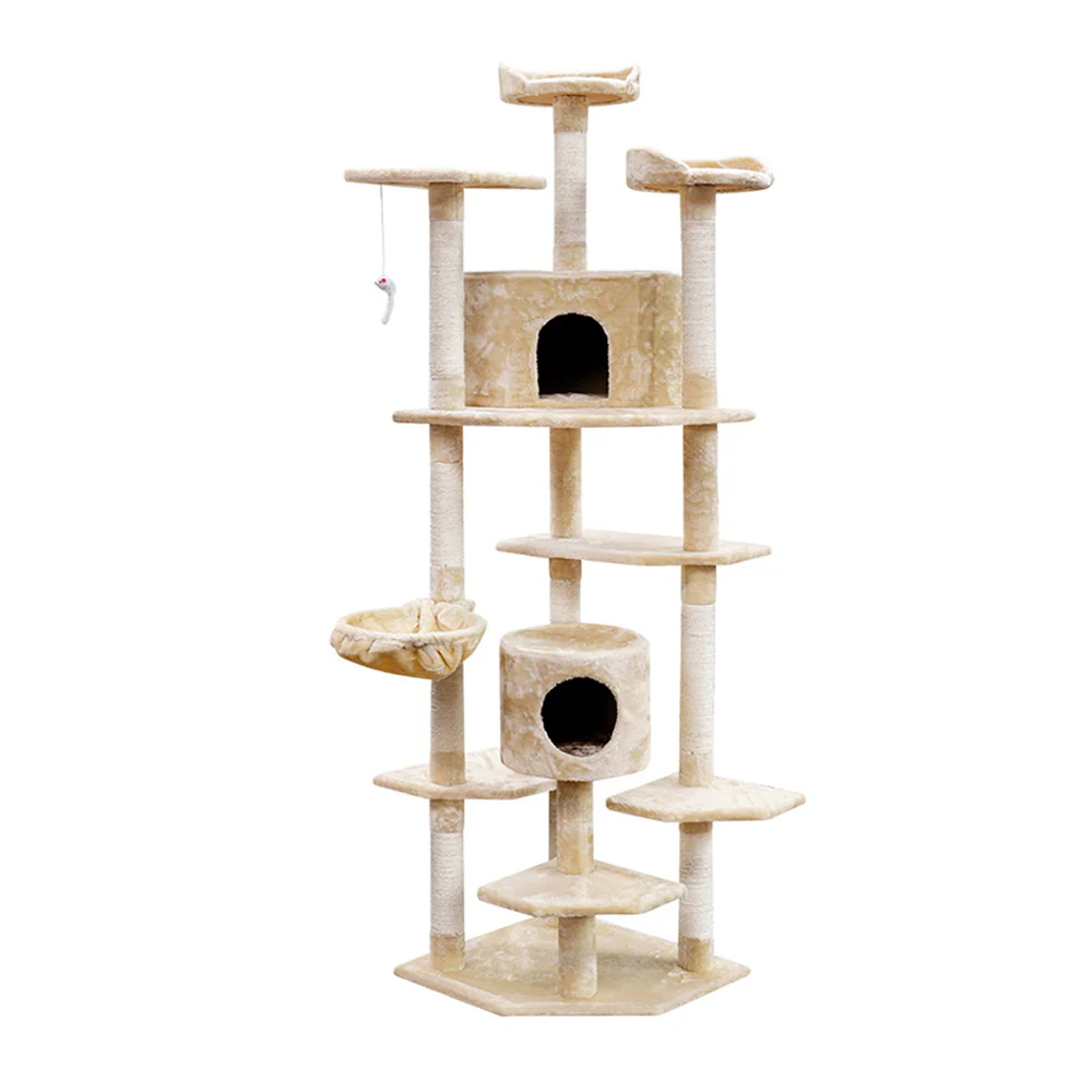 Cat Tree 203cm Tower Scratching Post Scratcher Condo Trees House Bed Beige - Image 3