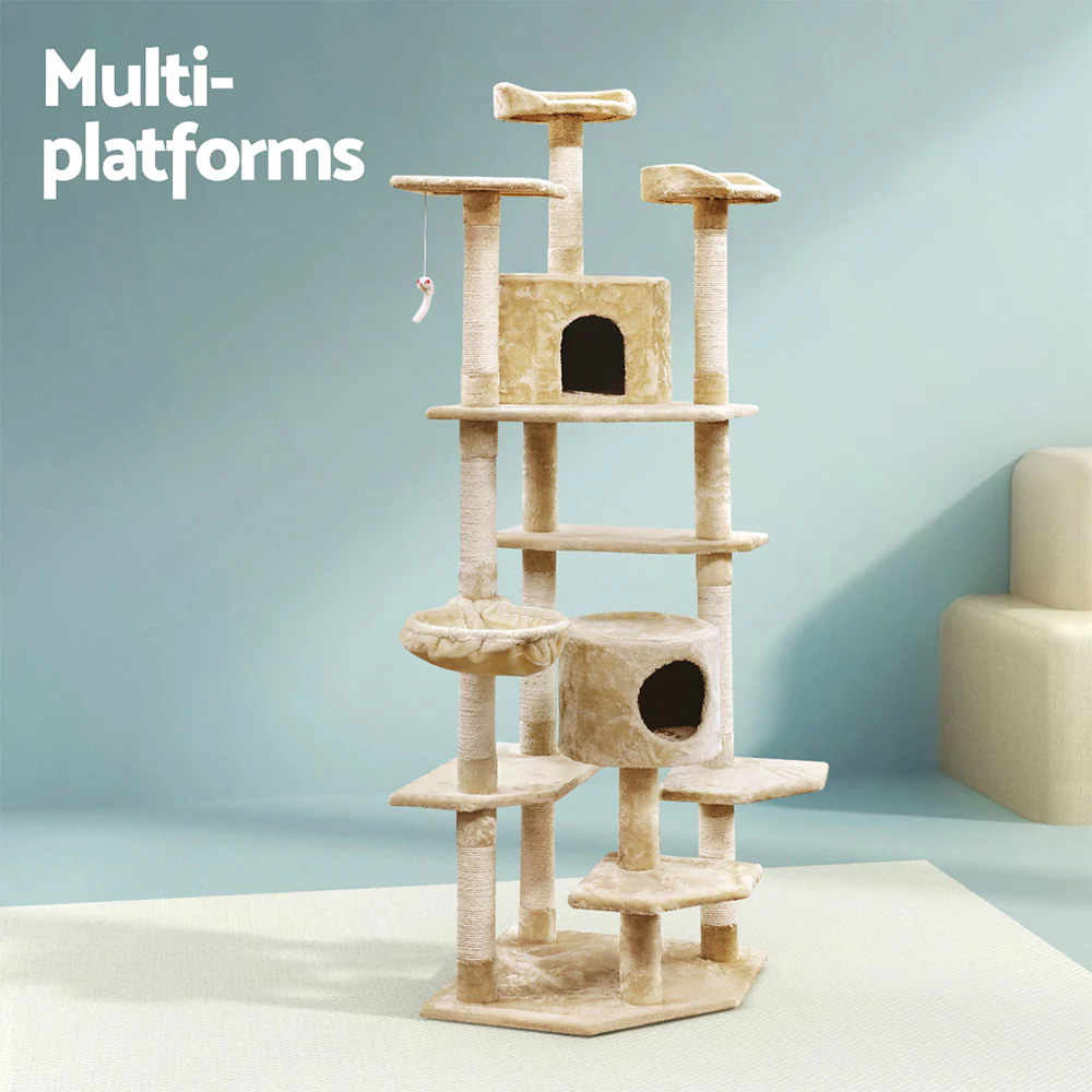 Cat Tree 203cm Tower Scratching Post Scratcher Condo Trees House Bed Beige - Image 4