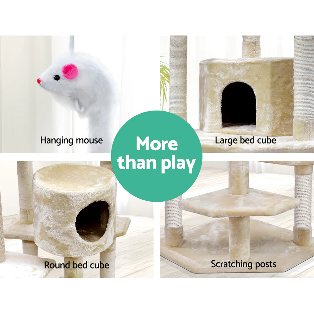 Cat Tree 203cm Tower Scratching Post Scratcher Condo Trees House Bed Beige - Image 7
