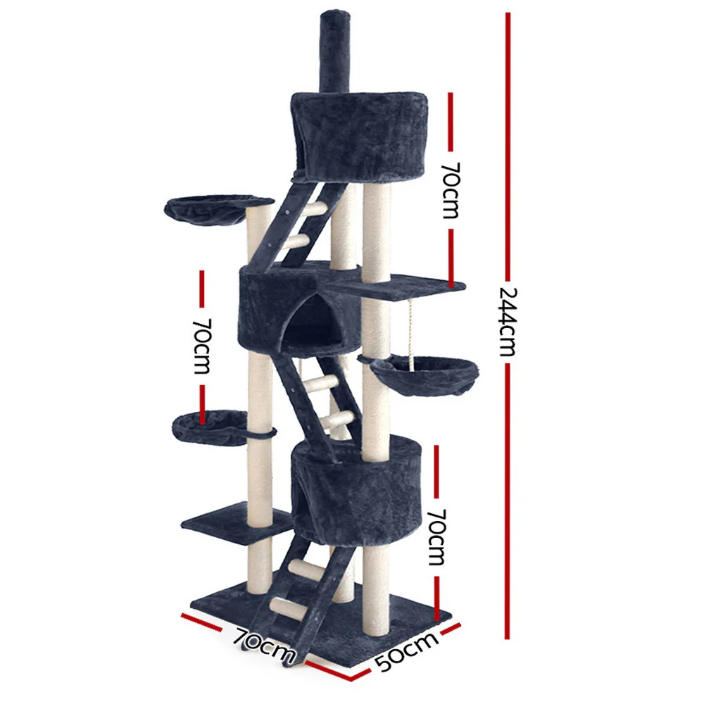 Cat Tree 244cm Tower Scratching Post Scratcher Trees Condo House Grey - Image 2