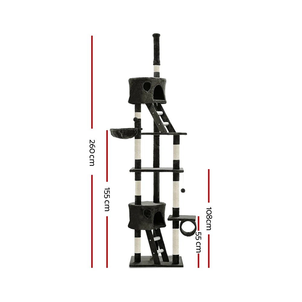 Cat Tree 260cm Tower Scratching Post Scratcher Condo House Trees Grey - Image 2