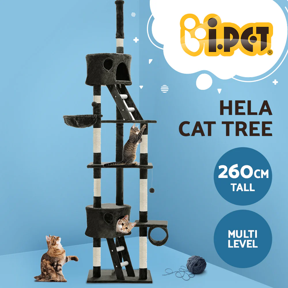Cat Tree 260cm Tower Scratching Post Scratcher Condo House Trees Grey - Image 3