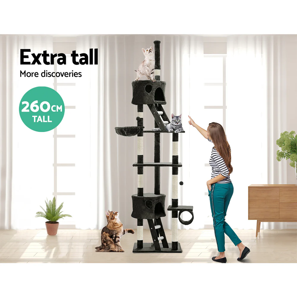 Cat Tree 260cm Tower Scratching Post Scratcher Condo House Trees Grey - Image 5