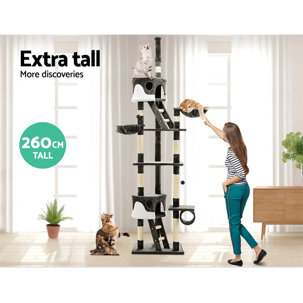 Cat Tree 260cm Tower Scratching Post Scratcher Condo House Trees Grey - Image 7
