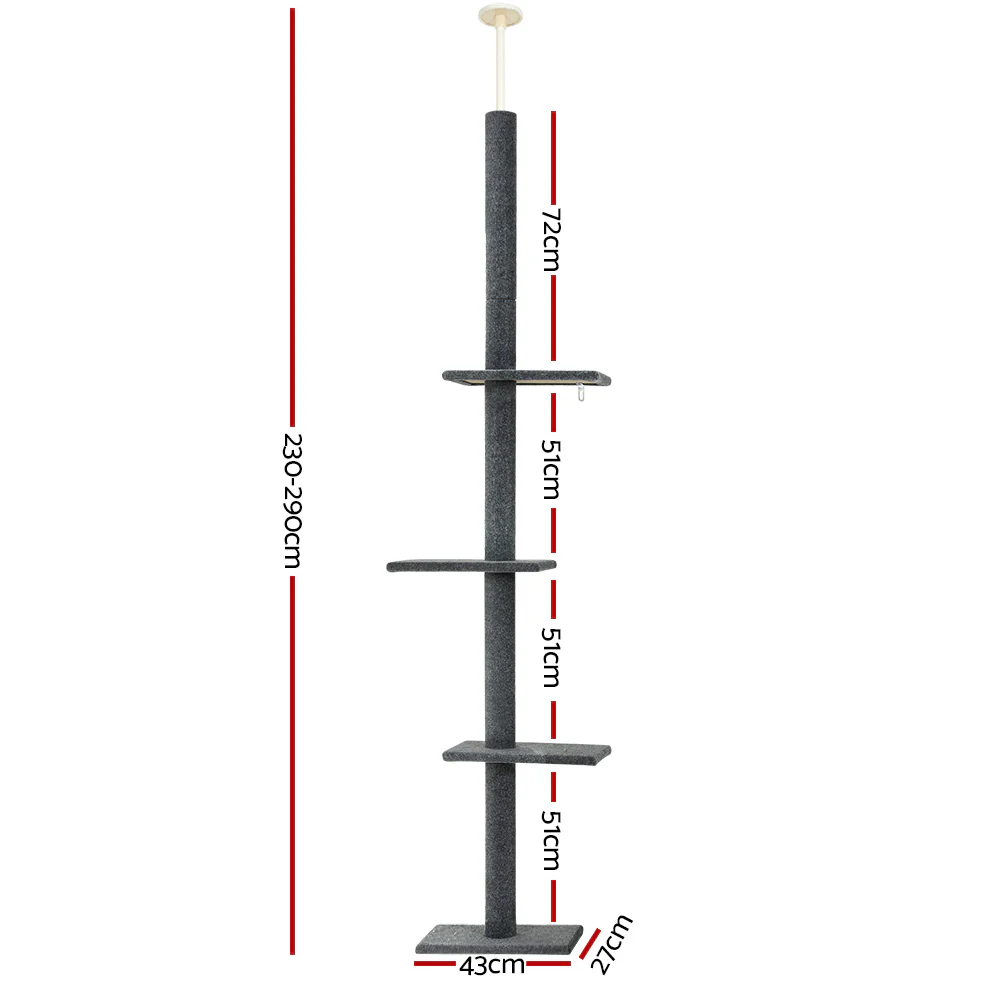 Cat Tree 290cm Tower Scratching Post Scratcher Floor to Ceiling Cats Bed Grey - Image 2