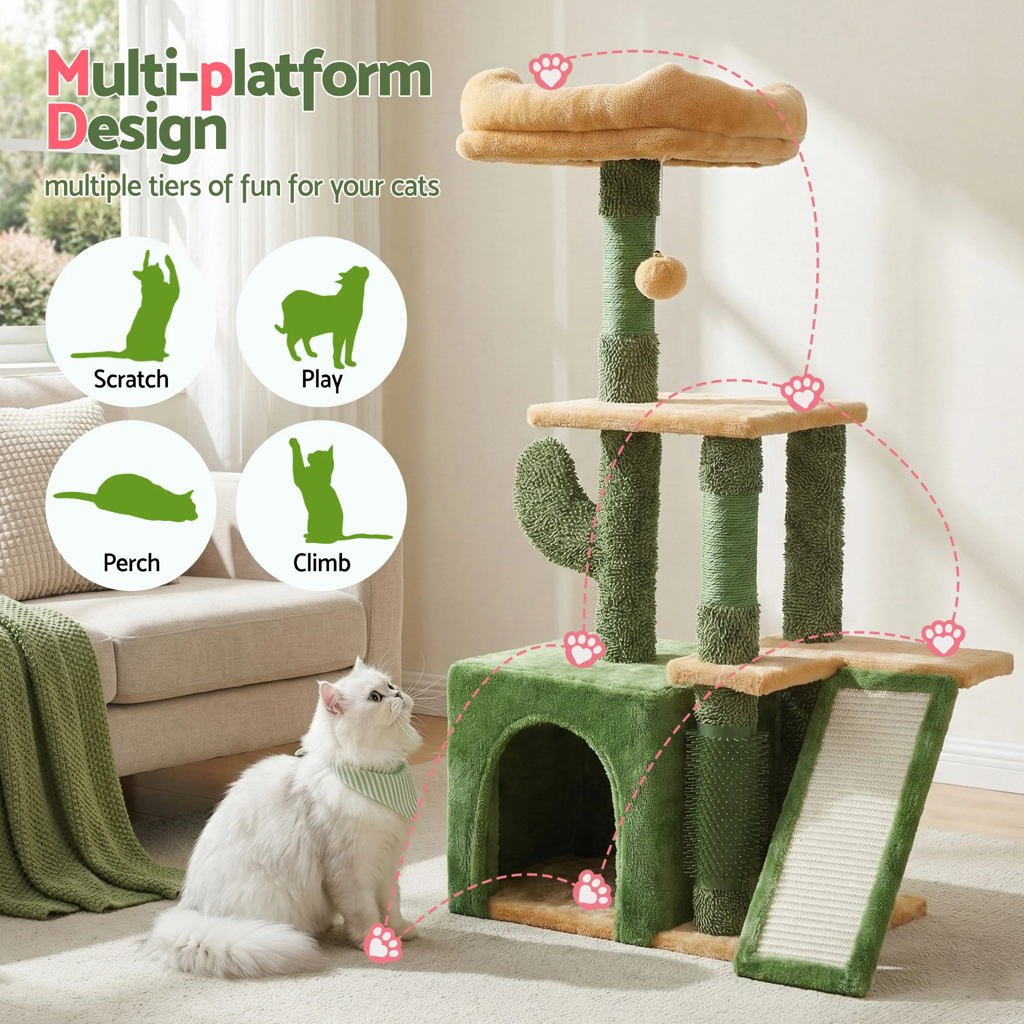 Cat Tree Tower 101cm Scratching Post Furniture Scratcher House - Green - Image 4