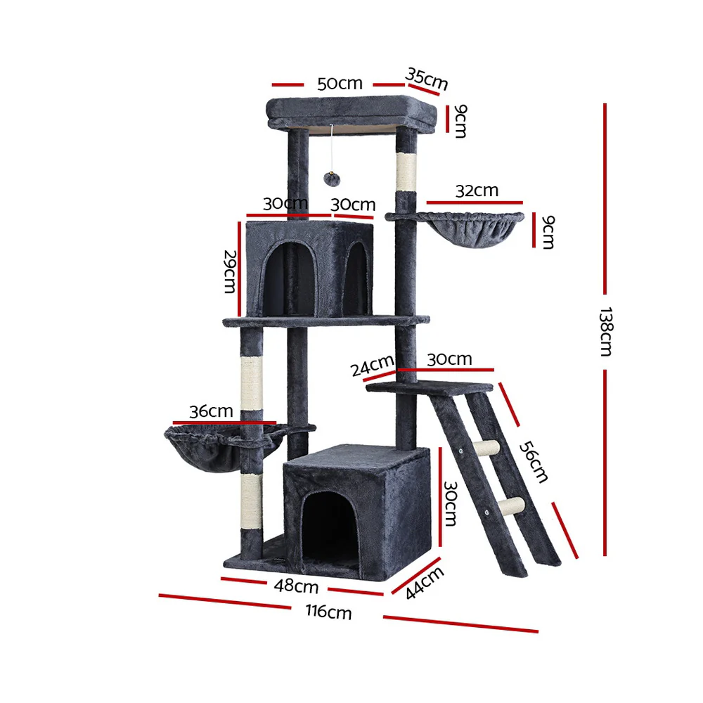 Cat Tree Tower Scratching Post Scratcher 138cm Trees Condo House Grey - Image 2