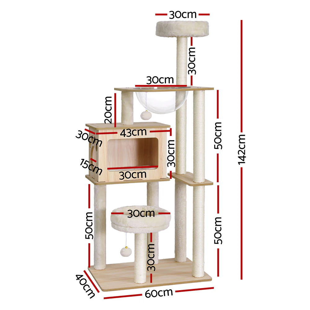 Cat Tree Tower Scratching Post Scratcher 142cm Wood Bed Condo House - Image 2