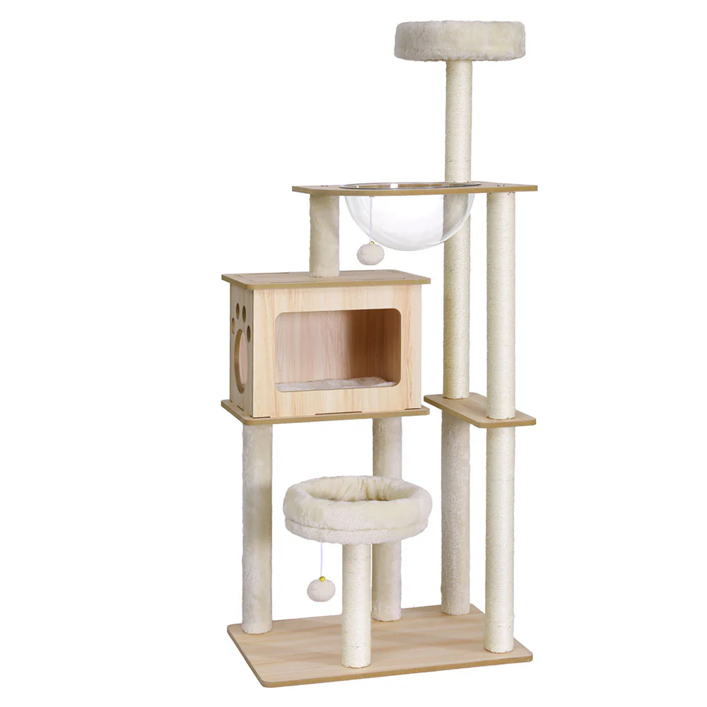 Cat Tree Tower Scratching Post Scratcher 142cm Wood Bed Condo House - Image 8