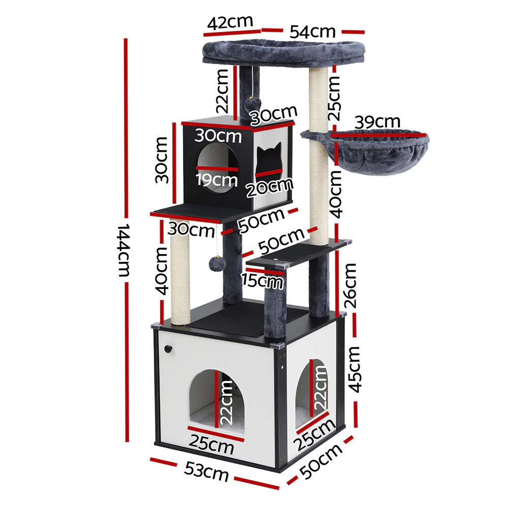 Cat Tree Tower Scratching Post Scratcher 144cm Wood Bed Condo House Cabinet - Image 2