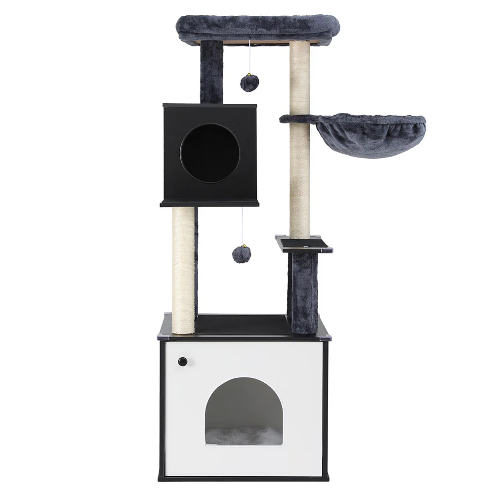 Cat Tree Tower Scratching Post Scratcher 144cm Wood Bed Condo House Cabinet - Image 3