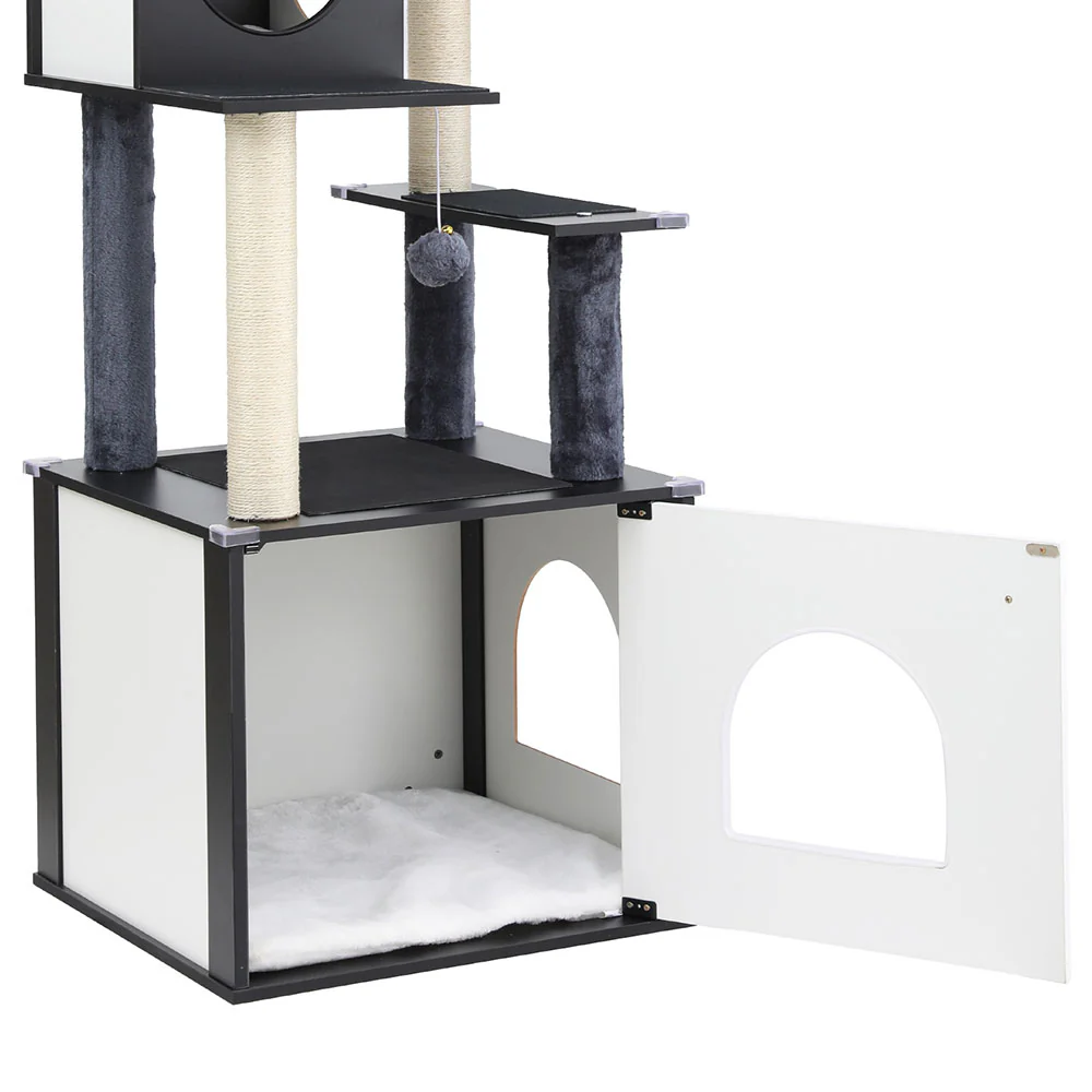 Cat Tree Tower Scratching Post Scratcher 144cm Wood Bed Condo House Cabinet - Image 6